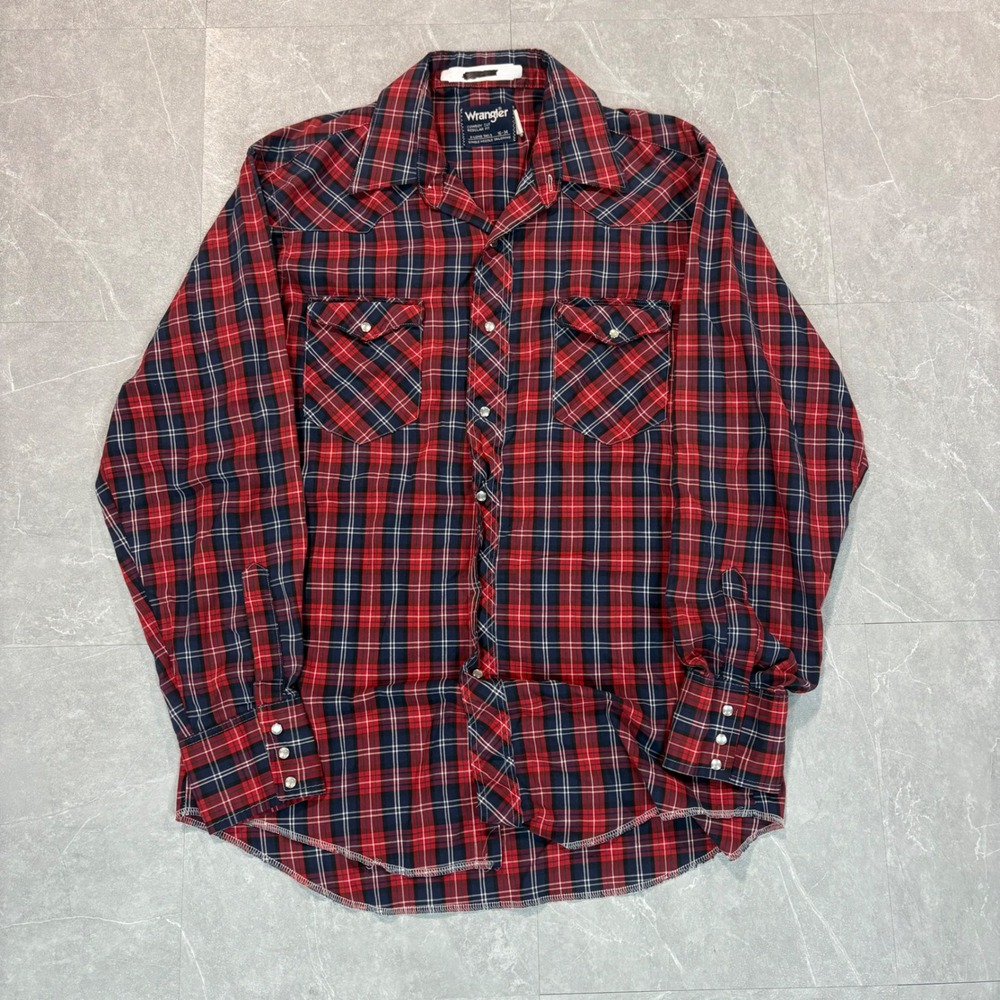 Wrangler Cowboy Cut Western Shirt Red Blue Plaid‎ Pearl Snap 16-34 Regular Fit